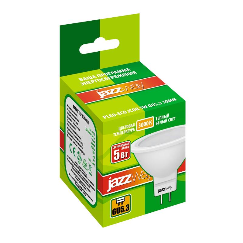 Лампа светодиодная PLED-ECO 5Вт JCDR MR16 3000К тепл. бел. GU5.3 400лм 220-240В JazzWay 1037077A